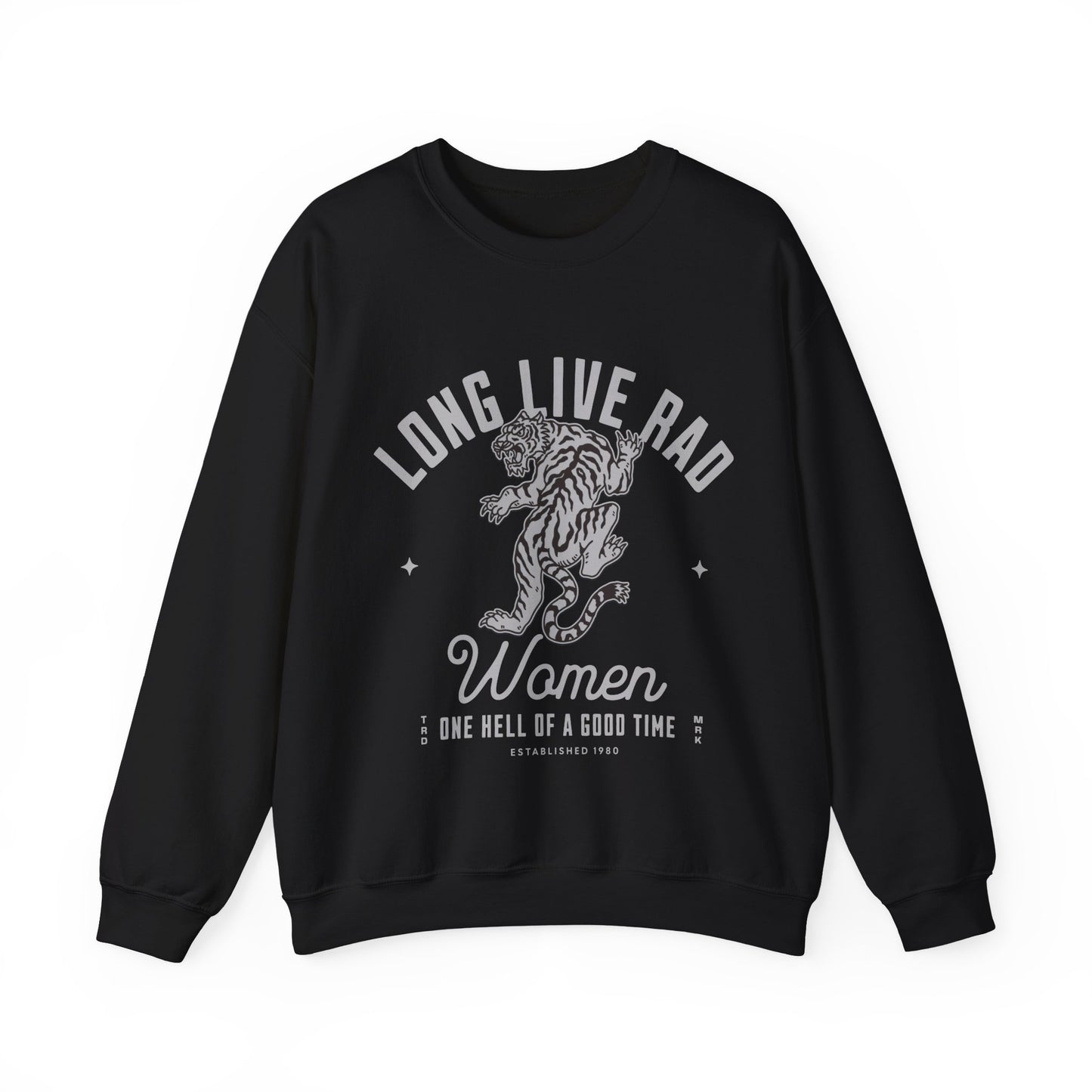 Rad Women Sweatshirt with tiger graphic. 90s aesthetic crew with vintage style. Edgy women’s crew with Western rock vibes. Distressed rock crew for a bold look. Badass women crew with rebel energy. Retro tiger crew, perfect for everyday wear and layering.