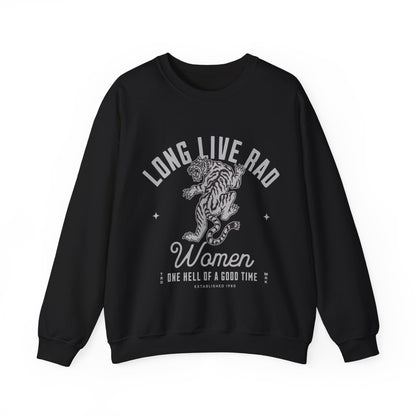 Rad Women Sweatshirt with tiger graphic. 90s aesthetic crew with vintage style. Edgy women’s crew with Western rock vibes. Distressed rock crew for a bold look. Badass women crew with rebel energy. Retro tiger crew, perfect for everyday wear and layering.