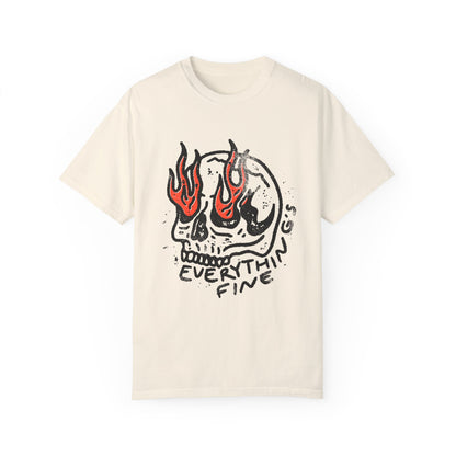 Distressed Skull Graphic T-Shirt with flames and bold grunge design. Oversized fit offers comfort and vintage-inspired edge for casual or streetwear outfits. 
