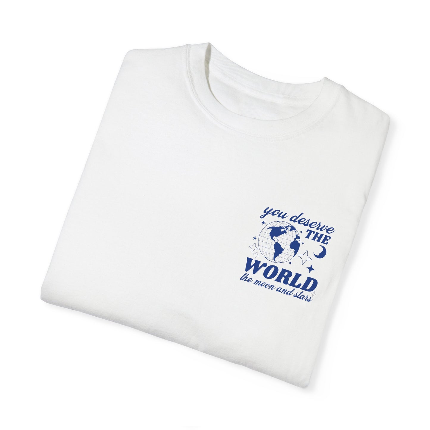 Motivational graphic t-shirt with a celestial design featuring stars, moon, and globe. Includes the inspiring phrase 'you deserve the world.' A trendy and stylish vintage-inspired tee for casual wear, perfect for spreading positivity and empowerment.