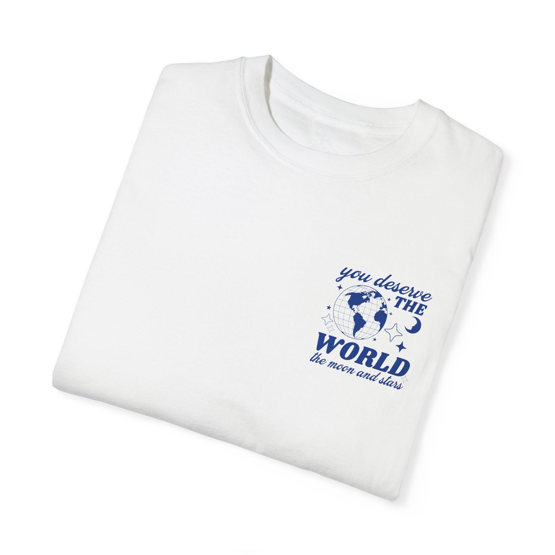 Motivational graphic t-shirt with a celestial design featuring stars, moon, and globe. Includes the inspiring phrase 'you deserve the world.' A trendy and stylish vintage-inspired tee for casual wear, perfect for spreading positivity and empowerment.