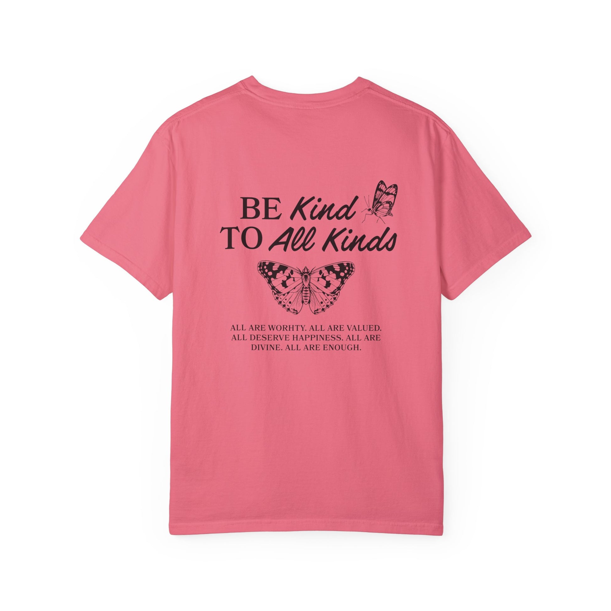 Be Kind Graphic Tee with butterfly design and uplifting message. Kindness Quote Tee made from soft cotton, perfect for casual wear. This Be Kind To All Tee spreads positivity and features an inspiring quote, great as a motivational shirt for daily style.
