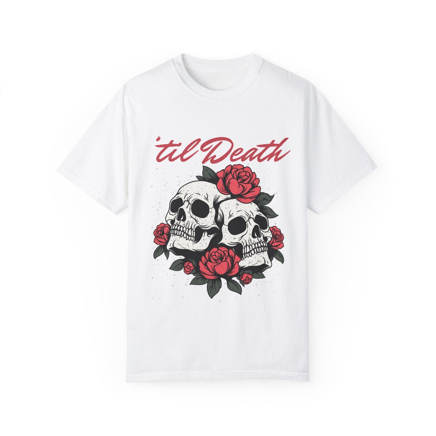 Graphic tee featuring a bold skull and roses design with vintage-inspired details. Perfect for fans of retro skeleton shirts, romantic gothic skull tees, or punk skull rose graphics. A unique aesthetic tattoo skull tee for edgy and dark romance lovers.