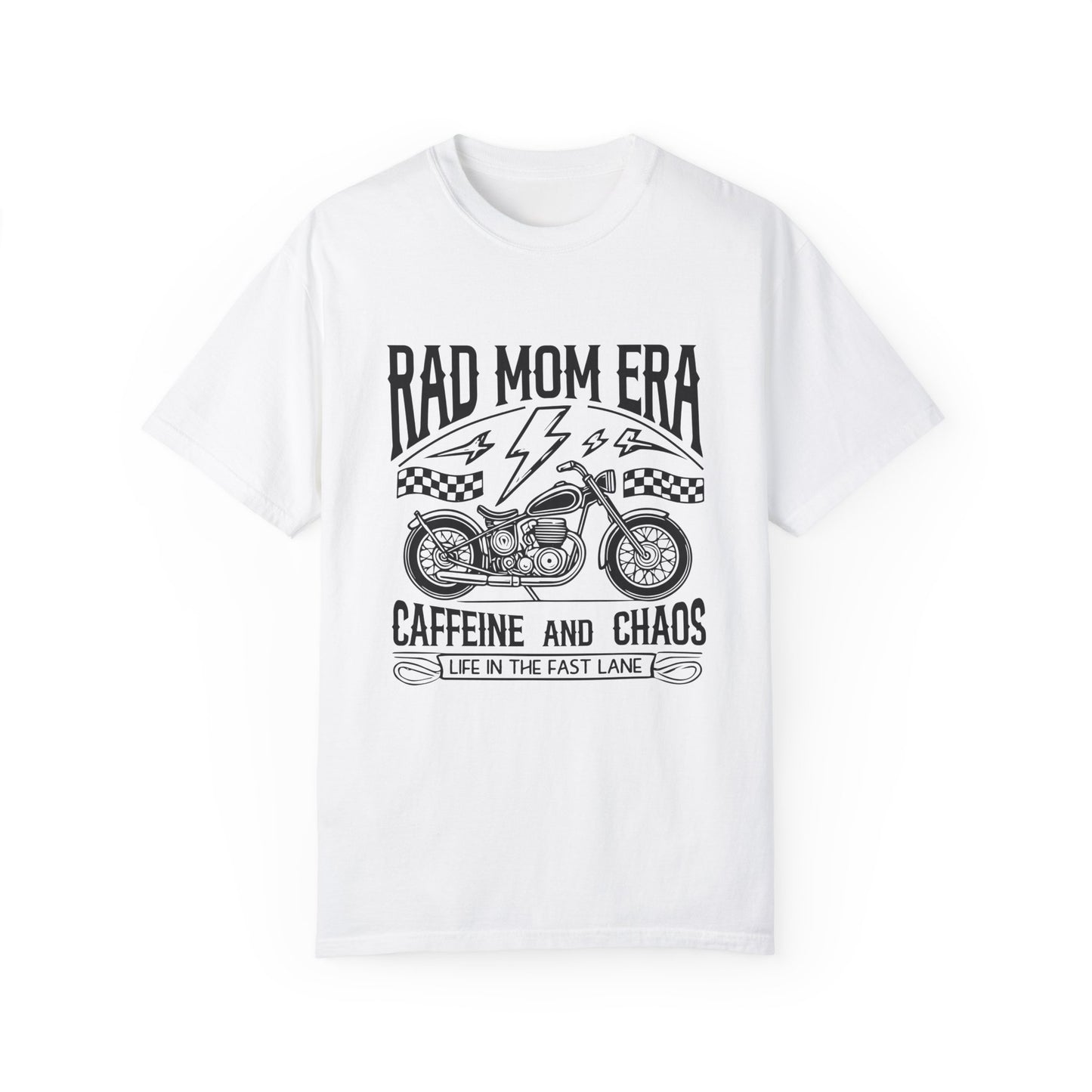 Rad mom graphic tee with a vintage motorcycle design. Caffeine and chaos slogan for stylish moms. Cool mom aesthetic with a rebellious vibe. Perfect mom life graphic tee for trendy outfits. Life in the fast lane moto shirt for everyday adventures.