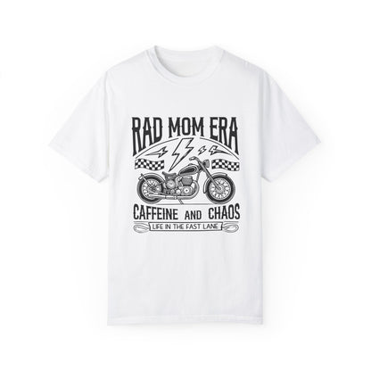 Rad mom graphic tee with a vintage motorcycle design. Caffeine and chaos slogan for stylish moms. Cool mom aesthetic with a rebellious vibe. Perfect mom life graphic tee for trendy outfits. Life in the fast lane moto shirt for everyday adventures.