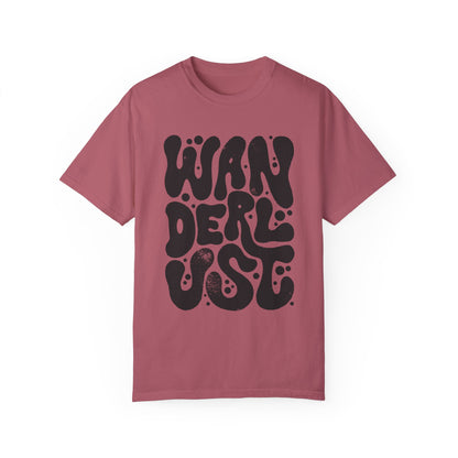 Retro Wanderlust Tee with bold psychedelic font, perfect for travel lovers, free spirits, and adventure seekers. Vintage-inspired graphic t-shirt with groovy lettering and minimalist aesthetic. Oversized fit for a laid-back, casual style. 