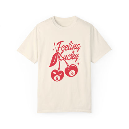 Shirt featuring a lucky cherry graphic with vintage red cherries and an 8-ball design. Retro cherry t-shirt with a feeling lucky vibe, perfect as a black vintage shirt or fun vintage shirt for casual, stylish looks.