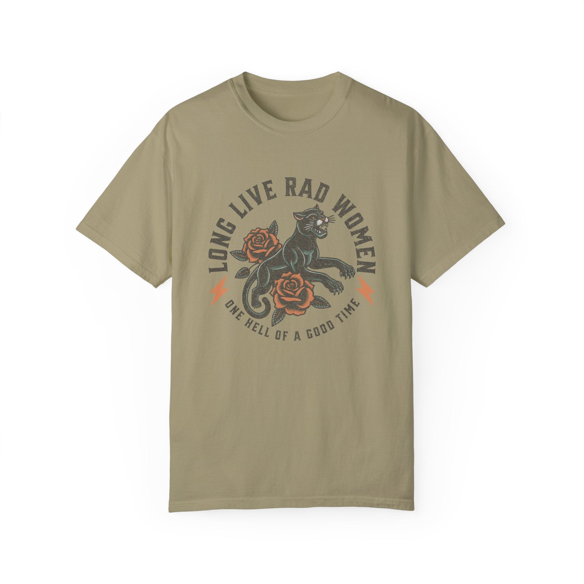 Rad women graphic tee with vintage panther and floral tattoo design. Feminist retro tee made for bold women and cool girls. Edgy graphic tee with panther crew style for rebel hearts. Powerful women tee perfect for everyday casual looks.