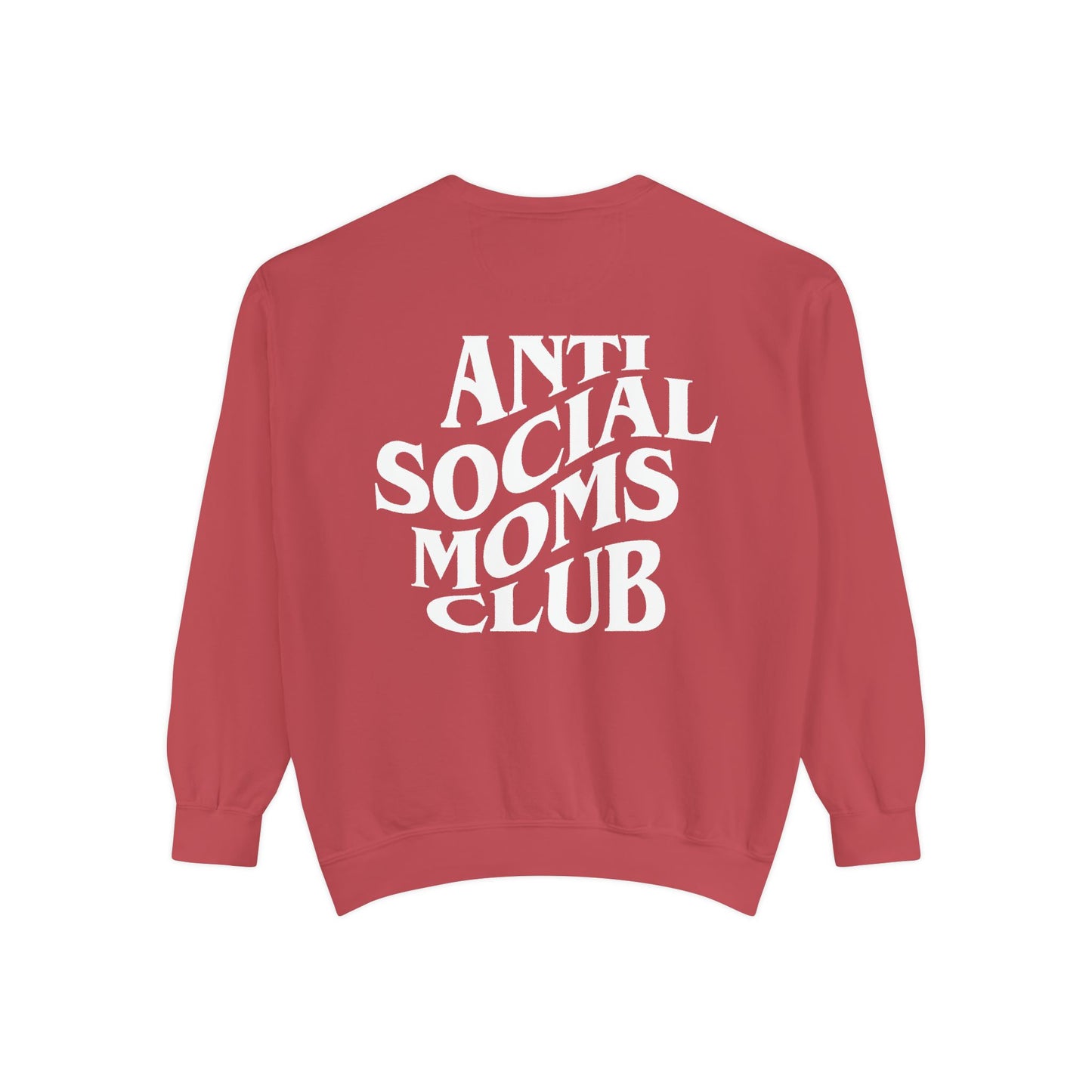 Anti Social Moms Club sweatshirt with bold graphic text on the back. Perfect funny mom sweatshirt or vintage mom pullover for casual wear. Stylish, oversized fit for a comfy mom sweatshirt, ideal gift for moms who love humor and relaxed style.