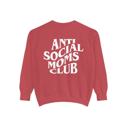 Anti Social Moms Club sweatshirt with bold graphic text on the back. Perfect funny mom sweatshirt or vintage mom pullover for casual wear. Stylish, oversized fit for a comfy mom sweatshirt, ideal gift for moms who love humor and relaxed style.