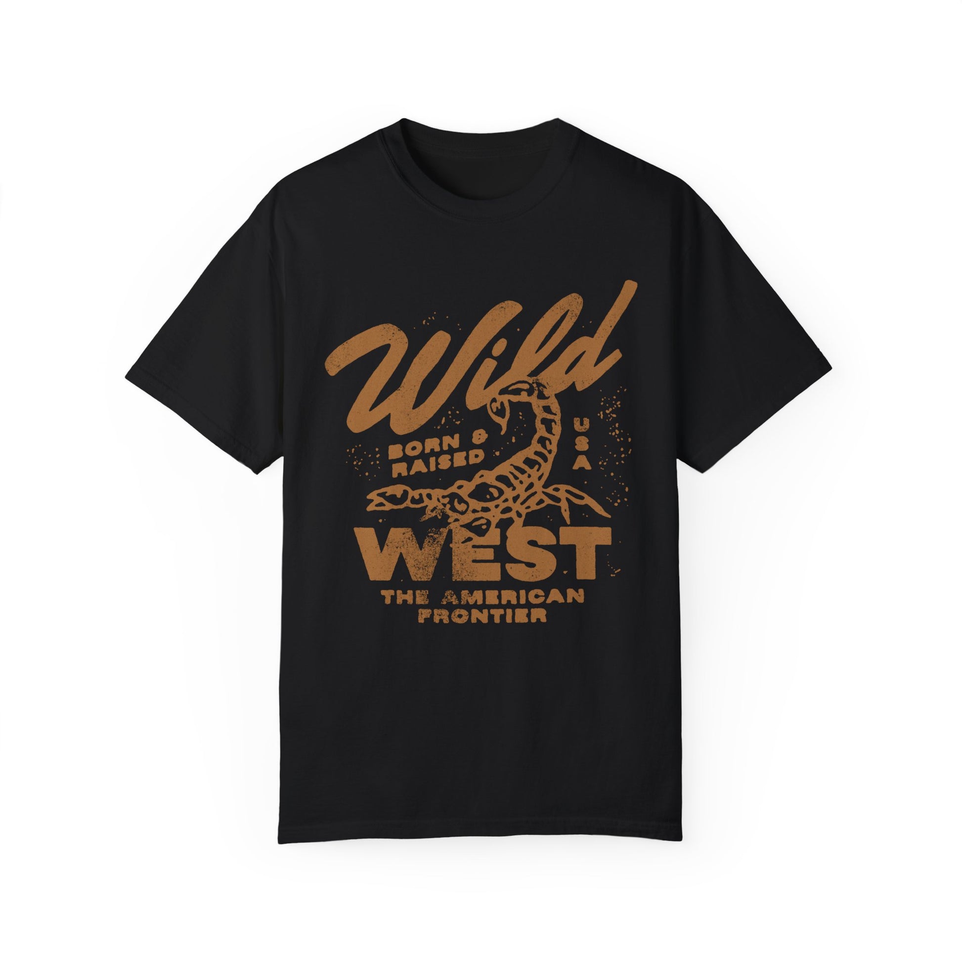 Vintage western shirt with a scorpion graphic and distressed details. Retro cowboy t-shirt inspired by the American West. Rodeo graphic t-shirt with a rustic frontier style. Wild West graphic tee with a bold design for a rugged, adventurous look.