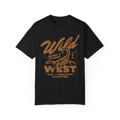 Vintage western shirt with a scorpion graphic and distressed details. Retro cowboy t-shirt inspired by the American West. Rodeo graphic t-shirt with a rustic frontier style. Wild West graphic tee with a bold design for a rugged, adventurous look.