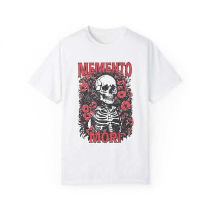 Graphic tee featuring a detailed skull design surrounded by floral elements, perfect for fans of vintage skeleton tees, gothic skull shirts, and retro goth style. A trendy death-themed shirt combining dark floral and skeleton art for casual or streetwear looks.