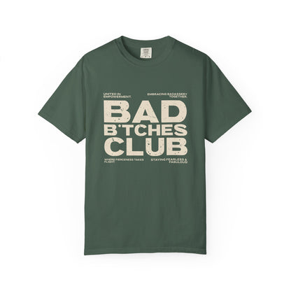 Green t-shirt with 'Bad Bitches Club' text on a white background