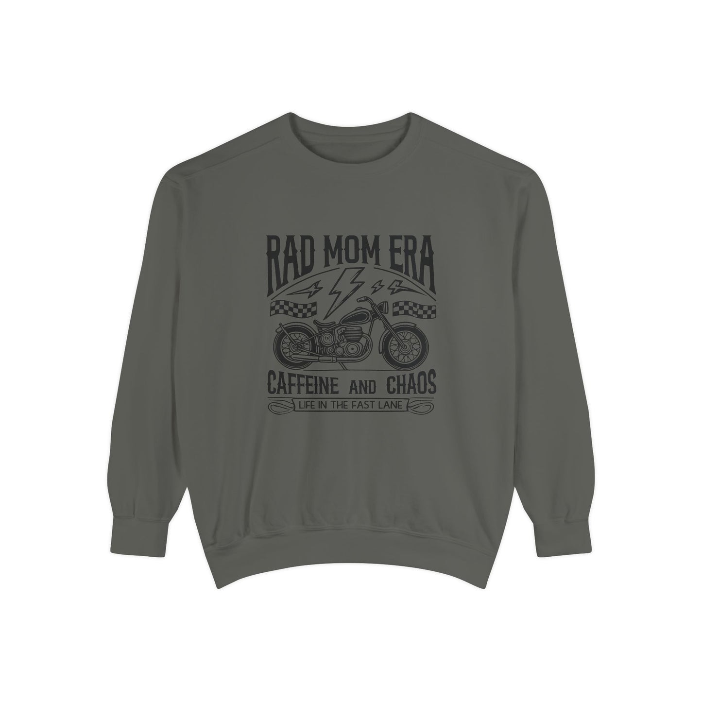 Rad mom graphic tee featuring a vintage motorcycle design with bold text. Perfect for edgy mom style, this trendy mom sweatshirt embodies caffeine chaos vibes and retro mom life. Great for biker moms or stylish moms seeking a casual yet bold look.