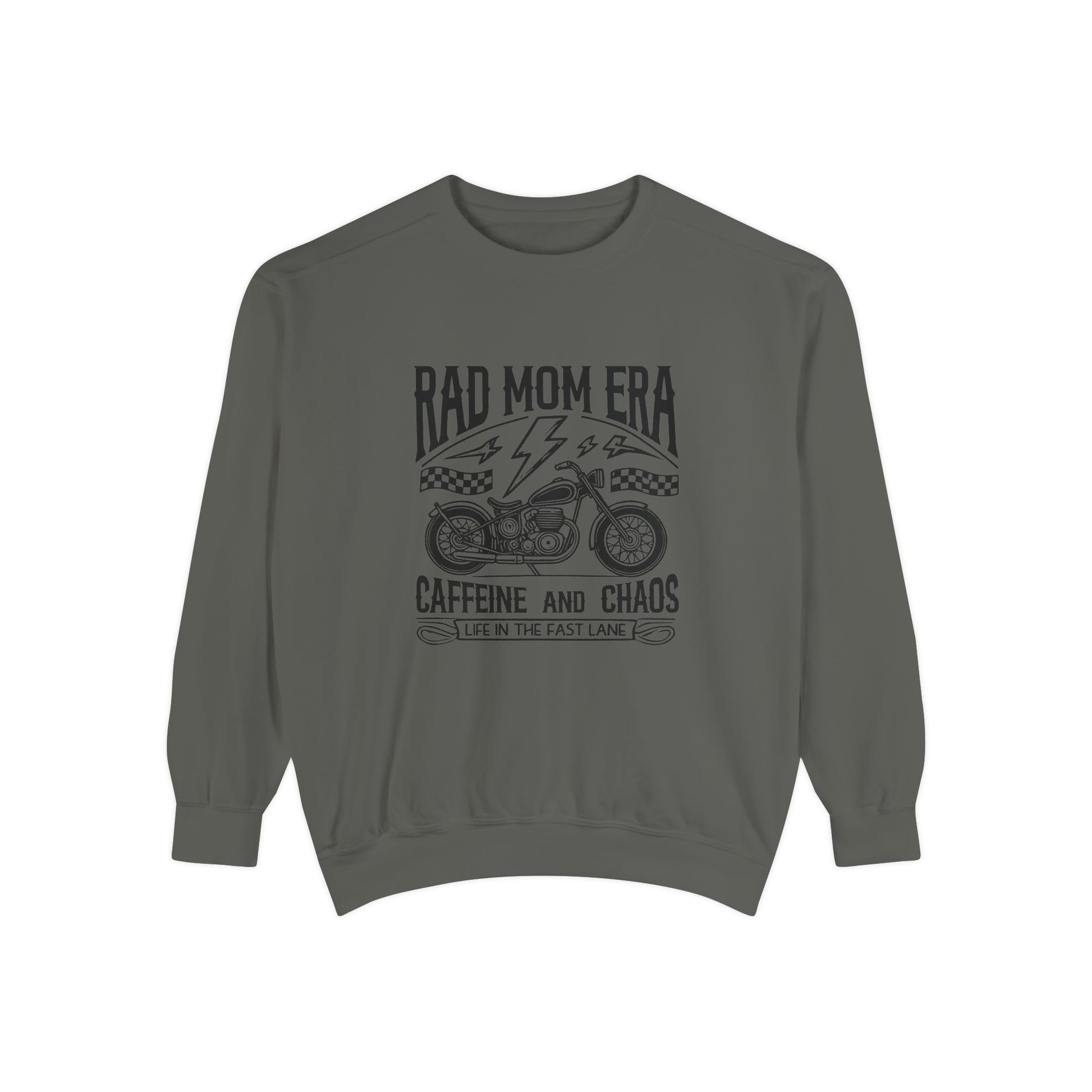 Rad mom graphic tee featuring a vintage motorcycle design with bold text. Perfect for edgy mom style, this trendy mom sweatshirt embodies caffeine chaos vibes and retro mom life. Great for biker moms or stylish moms seeking a casual yet bold look.