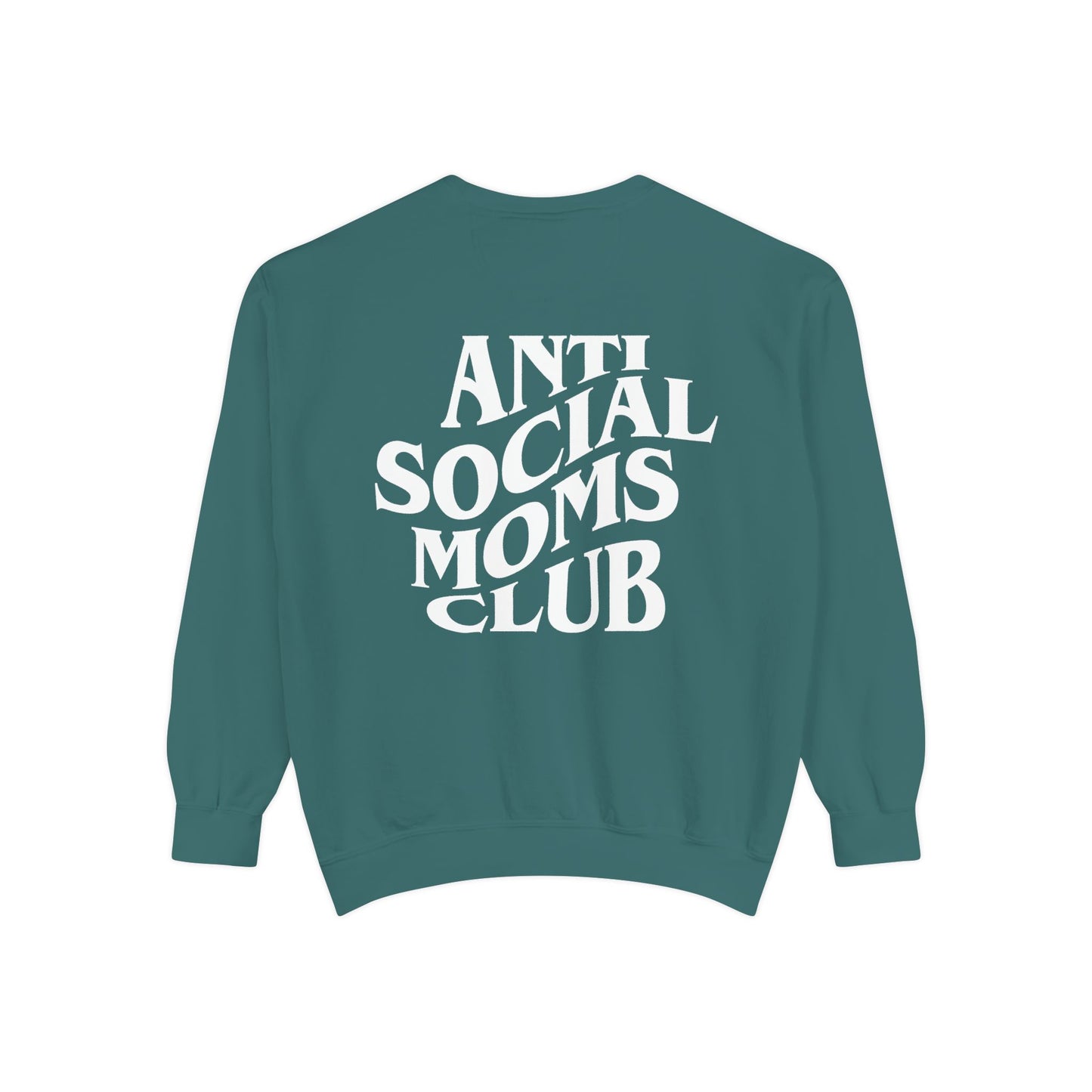 Anti Social Moms Club sweatshirt with bold graphic text on the back. Perfect funny mom sweatshirt or vintage mom pullover for casual wear. Stylish, oversized fit for a comfy mom sweatshirt, ideal gift for moms who love humor and relaxed style.