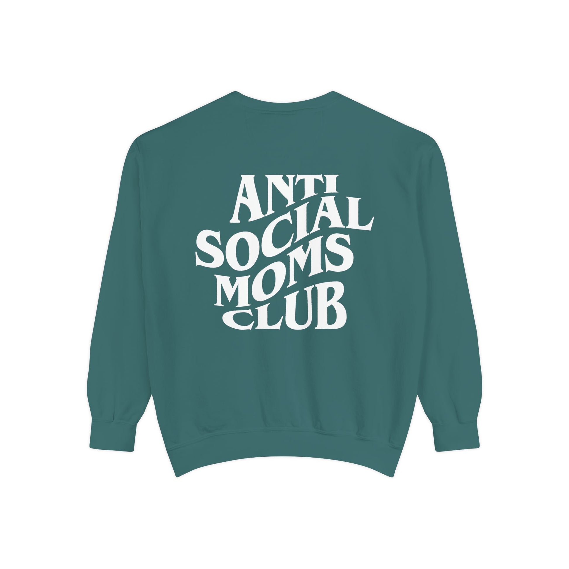Anti Social Moms Club sweatshirt with bold graphic text on the back. Perfect funny mom sweatshirt or vintage mom pullover for casual wear. Stylish, oversized fit for a comfy mom sweatshirt, ideal gift for moms who love humor and relaxed style.