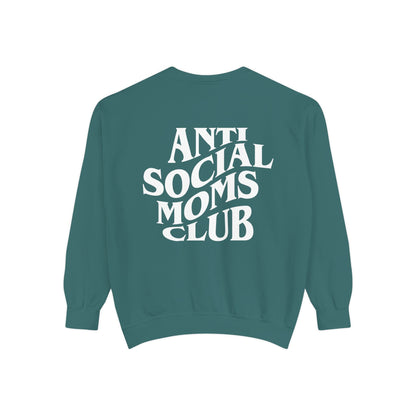 Anti Social Moms Club sweatshirt with bold graphic text on the back. Perfect funny mom sweatshirt or vintage mom pullover for casual wear. Stylish, oversized fit for a comfy mom sweatshirt, ideal gift for moms who love humor and relaxed style.