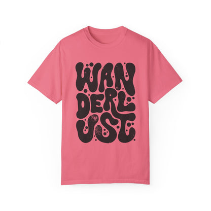 Retro Wanderlust Tee with bold psychedelic font, perfect for travel lovers, free spirits, and adventure seekers. Vintage-inspired graphic t-shirt with groovy lettering and minimalist aesthetic. Oversized fit for a laid-back, casual style. 