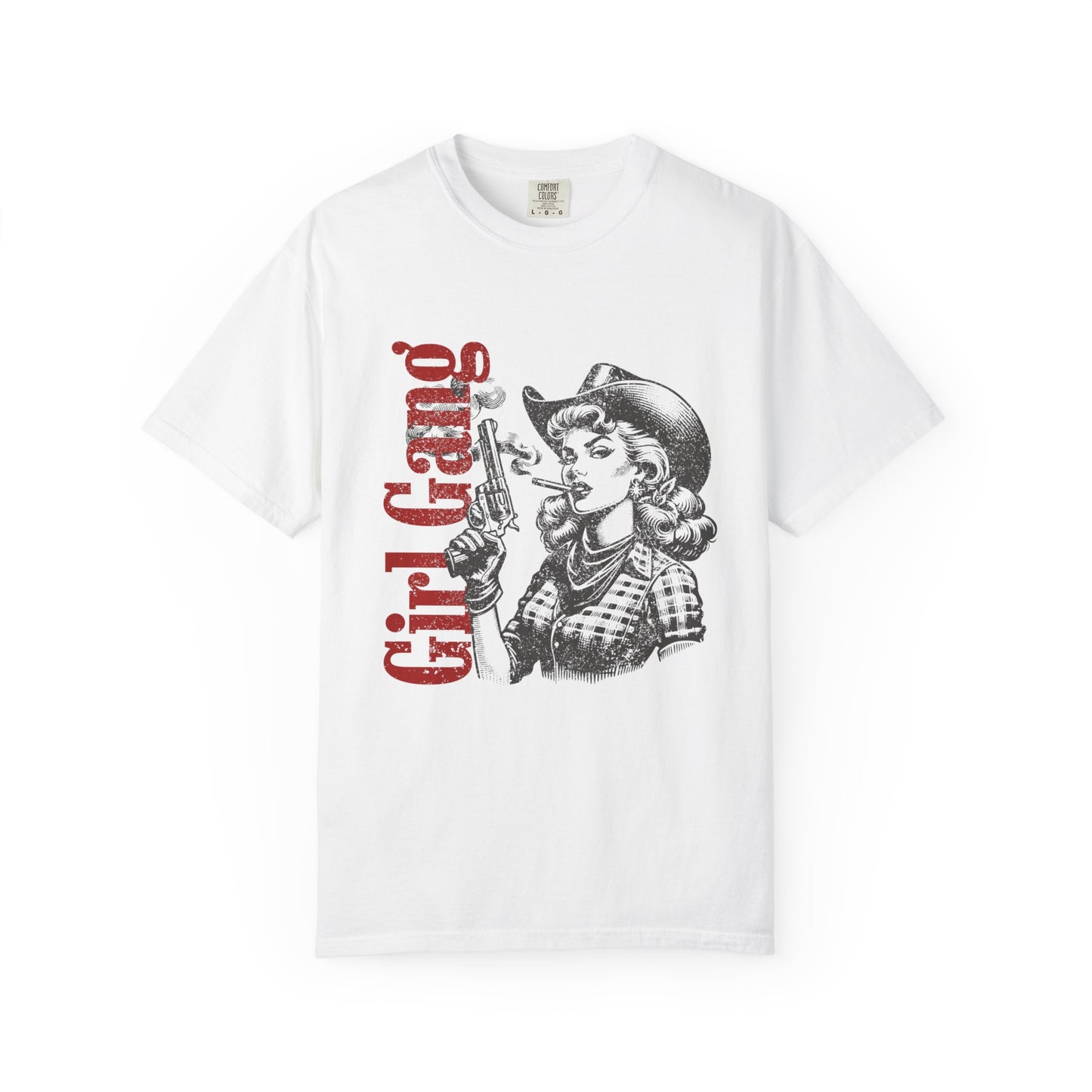 White t-shirt with 'Girl Gang' graphic design featuring a woman in a cowboy hat and gun on a white background