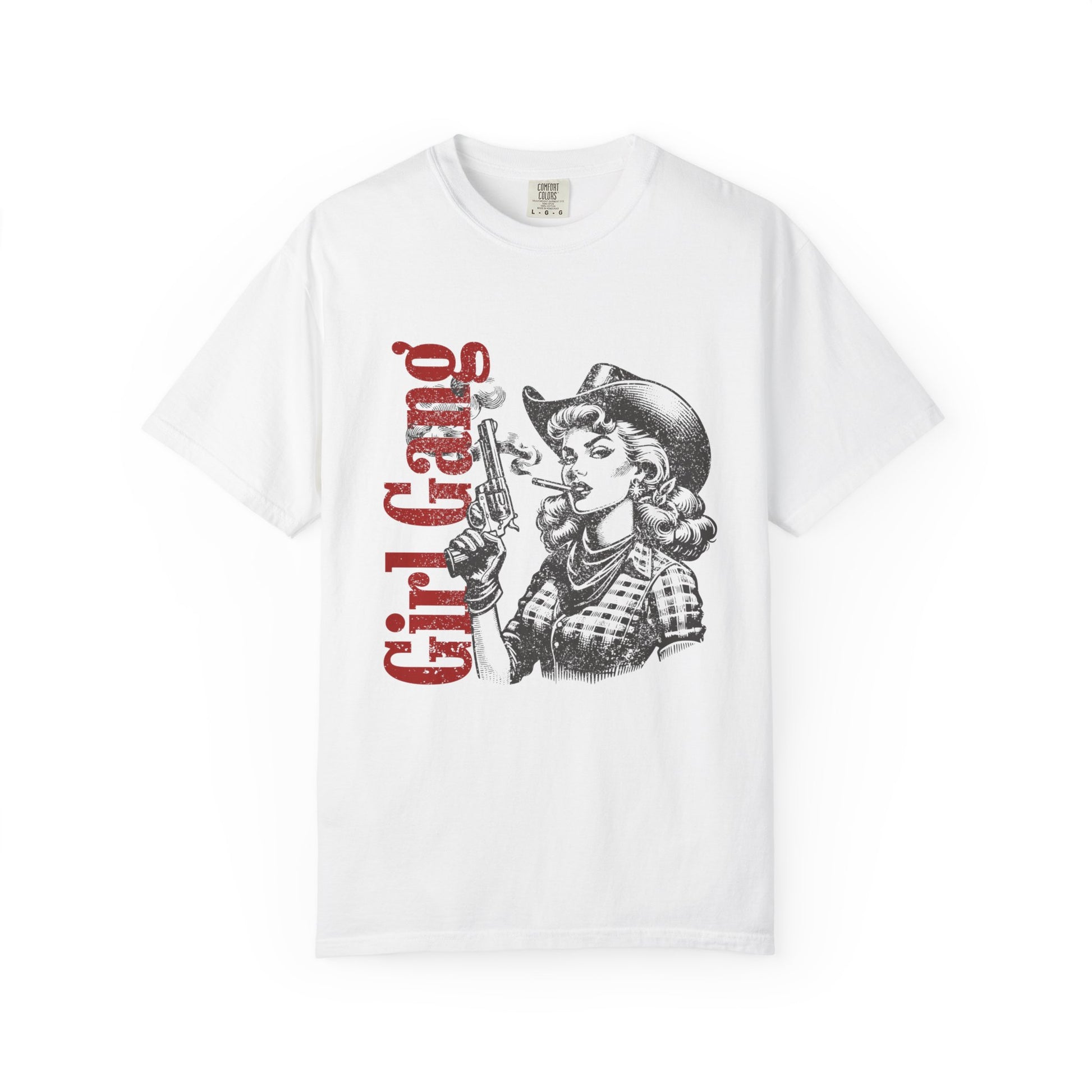 White t-shirt with 'Girl Gang' graphic design featuring a woman in a cowboy hat and gun on a white background