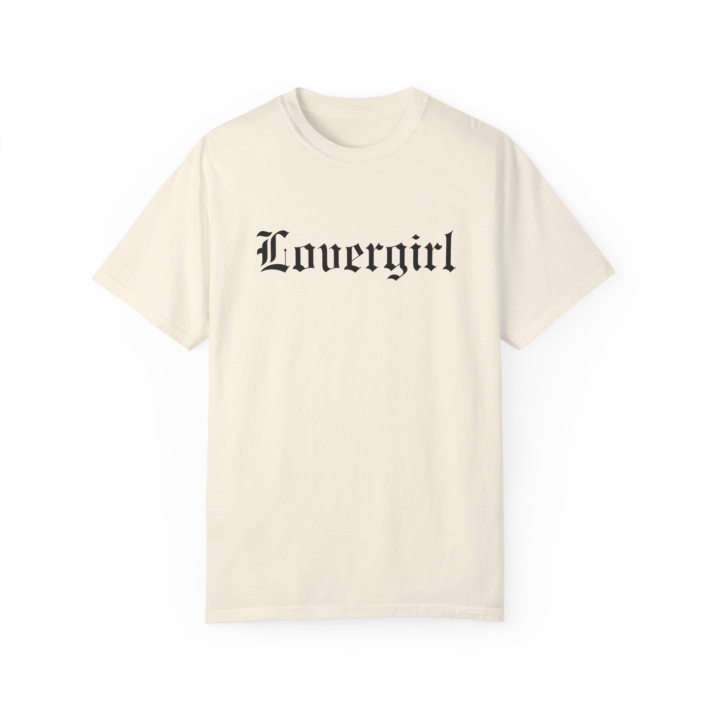 Vintage lovergirl tee in black with old English text font. Oversized casual fit perfect as a retro aesthetic shirt or edgy women’s graphic tee. Soft cotton black tee for everyday wear, combining minimalist style with trendy retro t-shirt vibes.