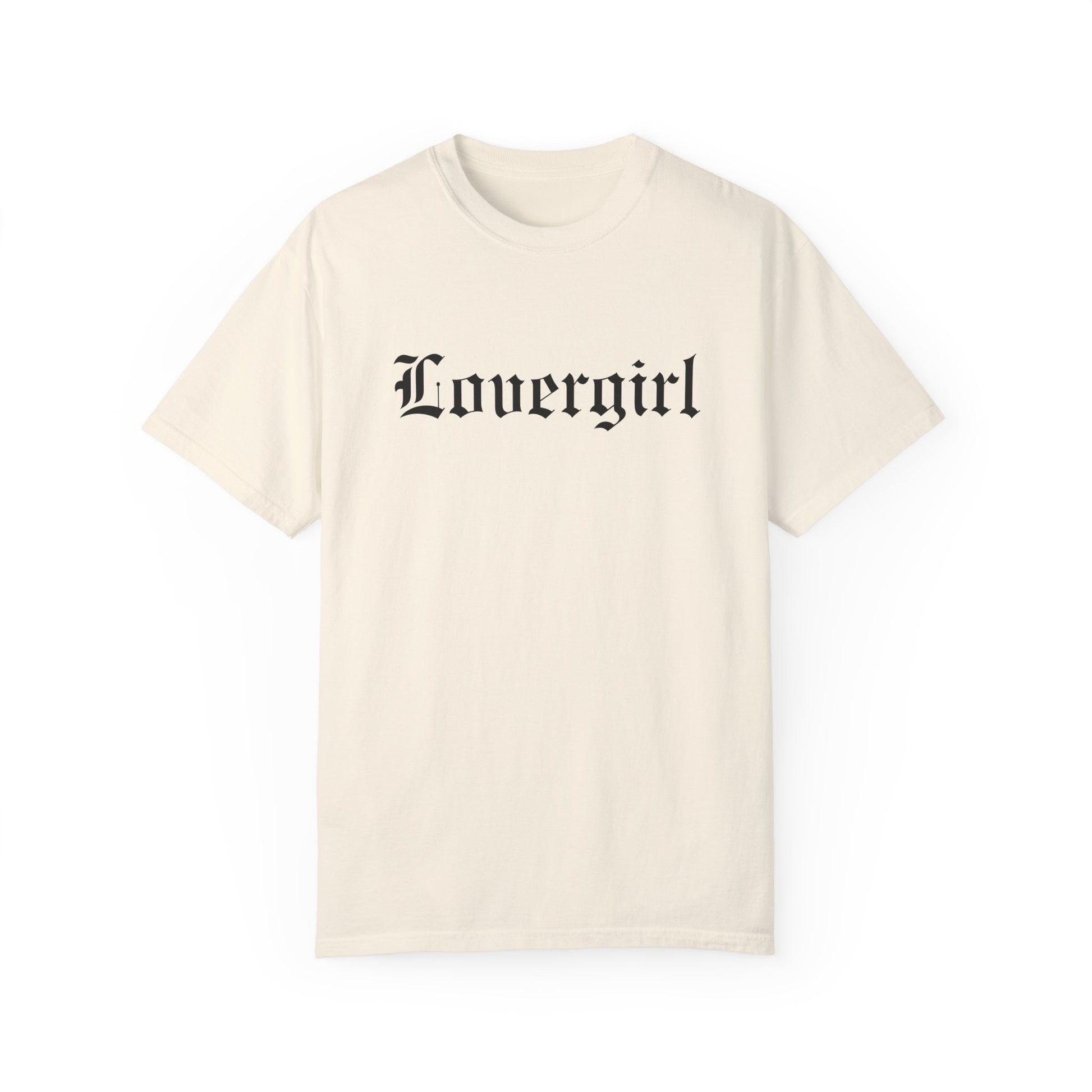 Vintage lovergirl tee in black with old English text font. Oversized casual fit perfect as a retro aesthetic shirt or edgy women’s graphic tee. Soft cotton black tee for everyday wear, combining minimalist style with trendy retro t-shirt vibes.