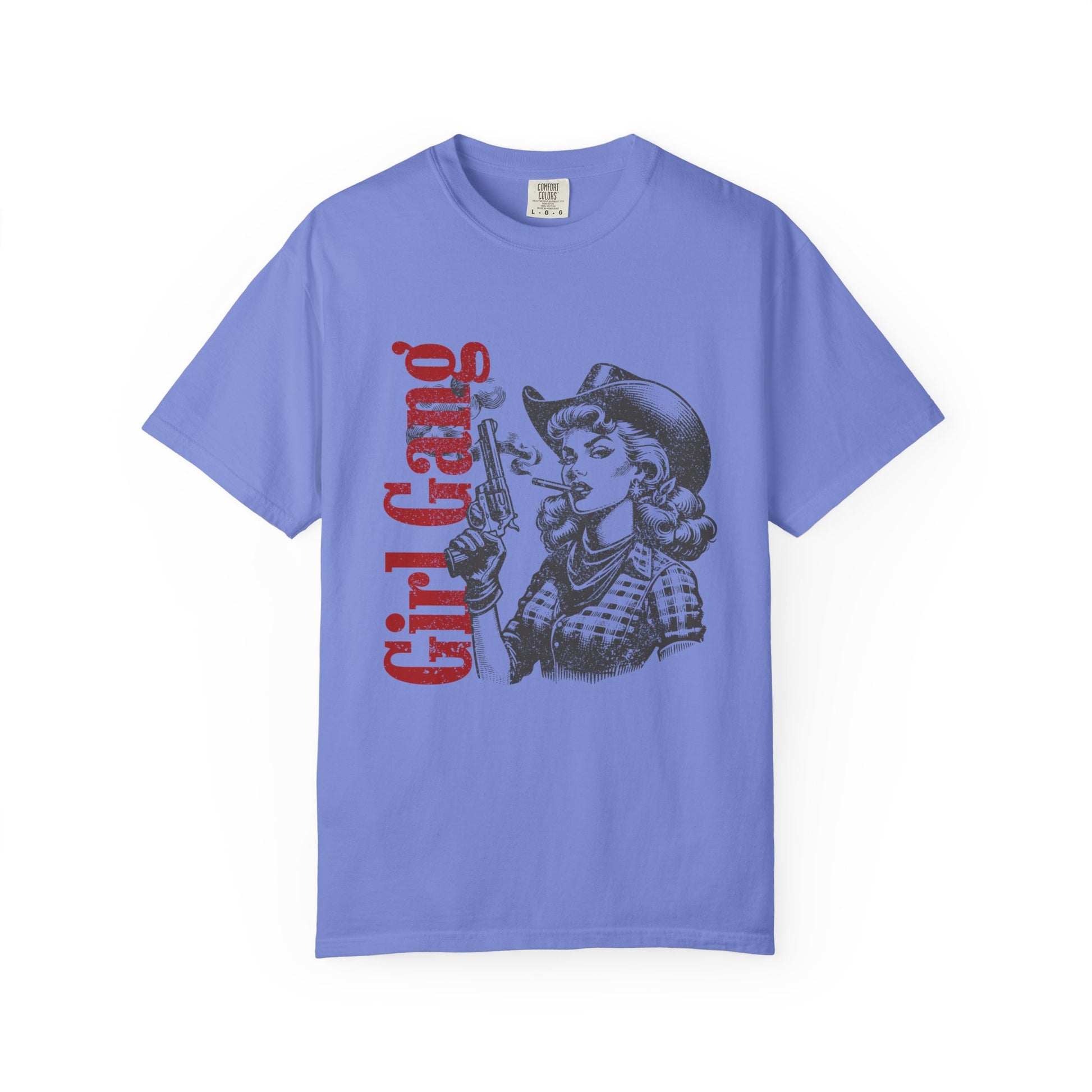 Blue t-shirt with graphic design and 'Girl Gang' text on a white background