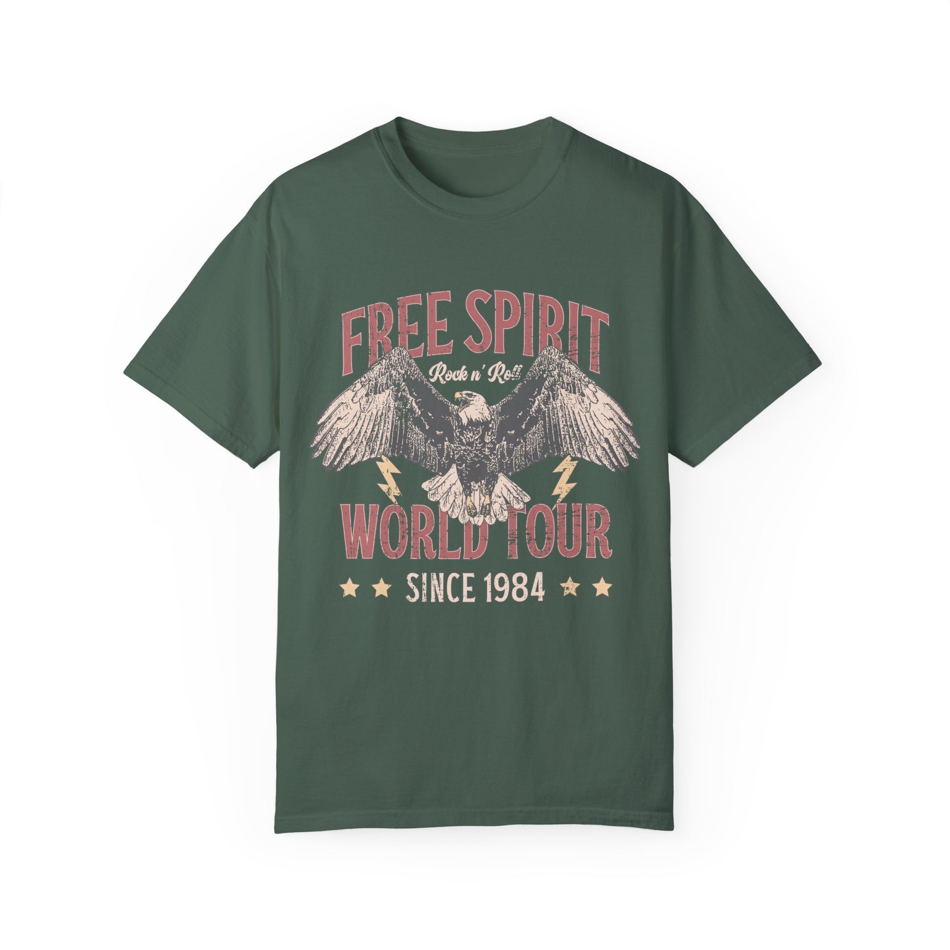 Vintage tour shirt with eagle graphic, distressed details, and 1984 band tour text, perfect for lovers of retro graphic tees, rock and roll shirts, and oversized styles. Casual vintage tee with bold lightning bolt accents.