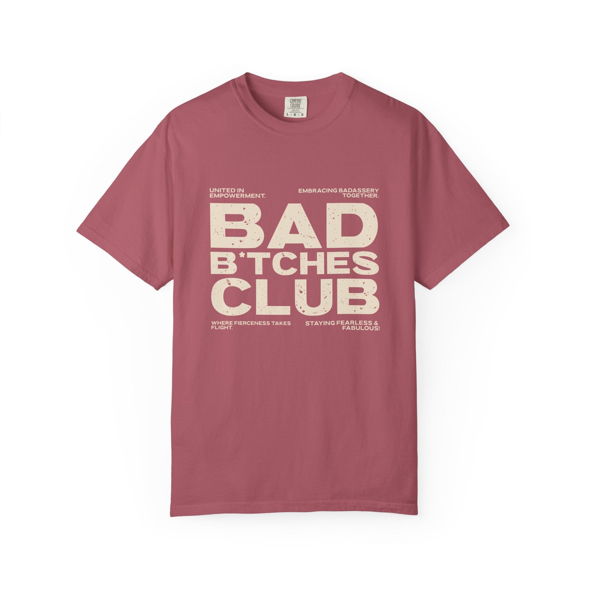 Mauve t-shirt with 'Bad Bitches Club' text on a white background