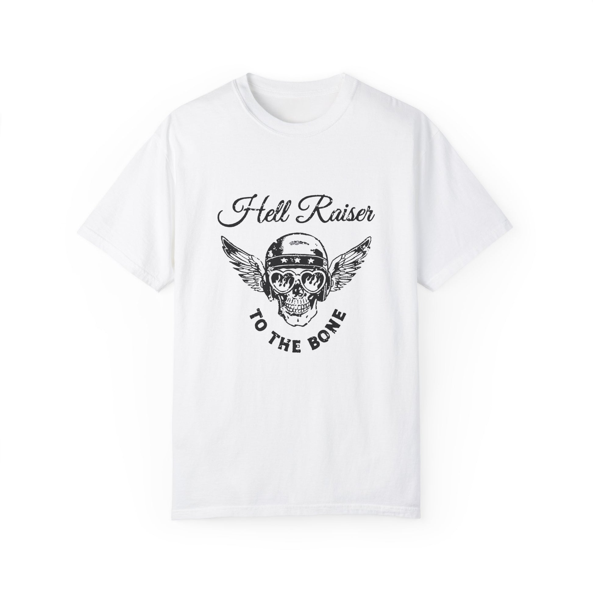 Graphic tee featuring a vintage-inspired winged skull and helmet design. Perfect for fans of retro biker style, rebel looks, and distressed rocker shirts. A badass, edgy option for casual wear with a unique skull and wings design.