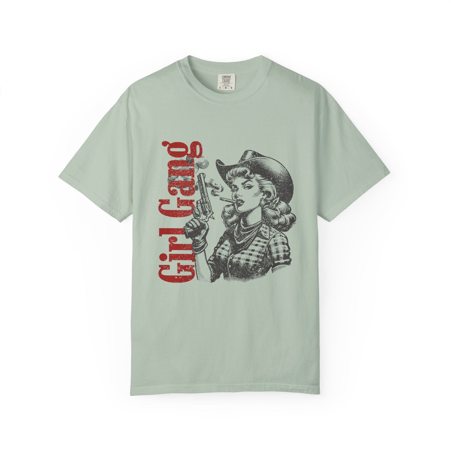 Light green t-shirt with graphic design and 'Girl Gang' text on a white background