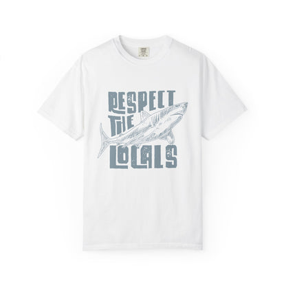 White t-shirt with a graphic of a fish and text 'Respect the Locals' on a white background