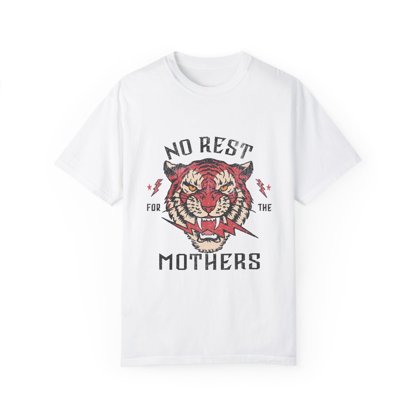 Bold tiger graphic on a No Rest for Mothers Tee, designed for empowered moms. This Tiger Mom Graphic Tee and Vintage Mom Graphic Tee combines retro flair with edgy style. Perfect for casual wear, gifting, or embracing mom life with confidence.