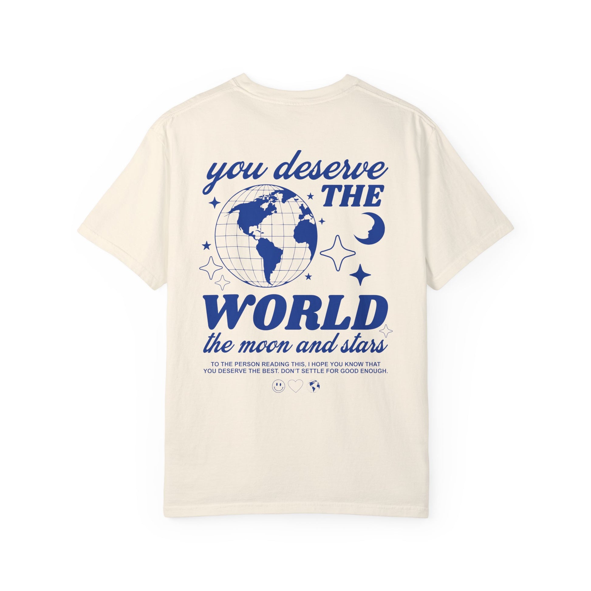 Motivational graphic t-shirt with a celestial design featuring stars, moon, and globe. Includes the inspiring phrase 'you deserve the world.' A trendy and stylish vintage-inspired tee for casual wear, perfect for spreading positivity and empowerment.