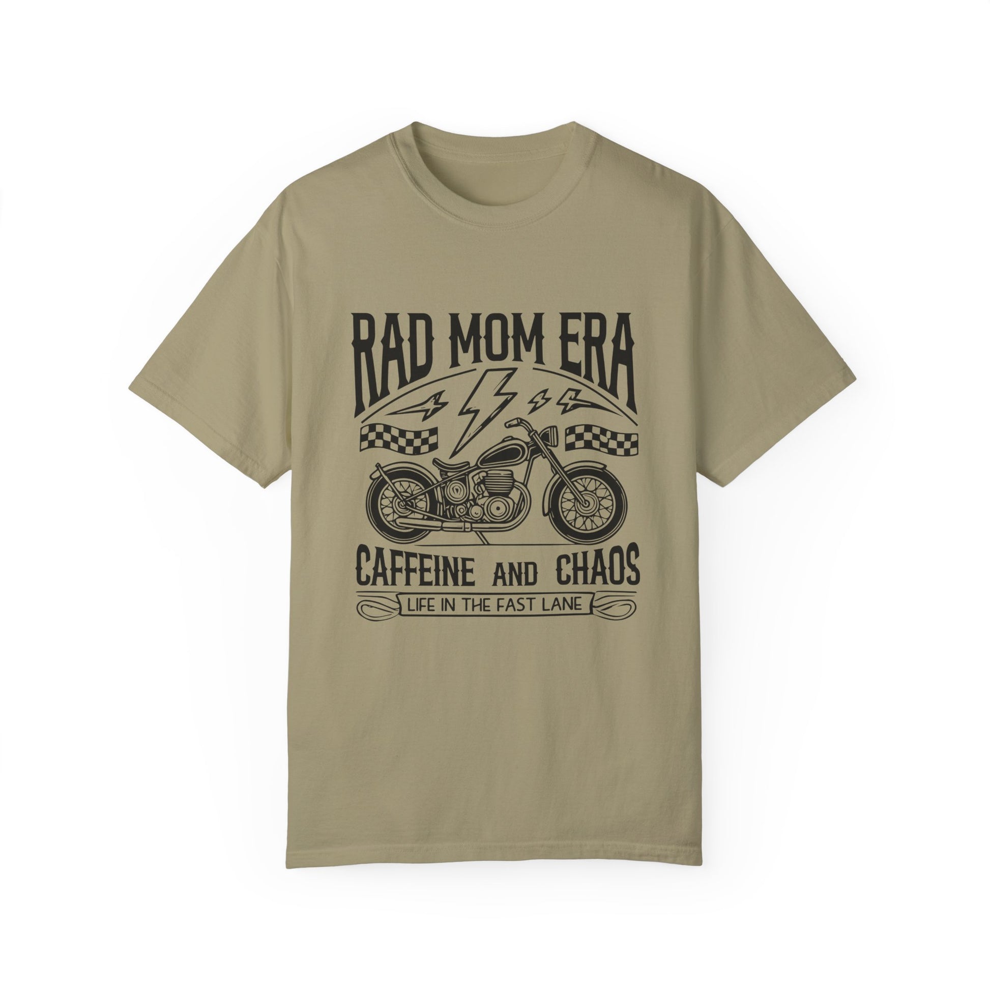 Rad mom graphic tee with a vintage motorcycle design. Caffeine and chaos slogan for stylish moms. Cool mom aesthetic with a rebellious vibe. Perfect mom life graphic tee for trendy outfits. Life in the fast lane moto shirt for everyday adventures.