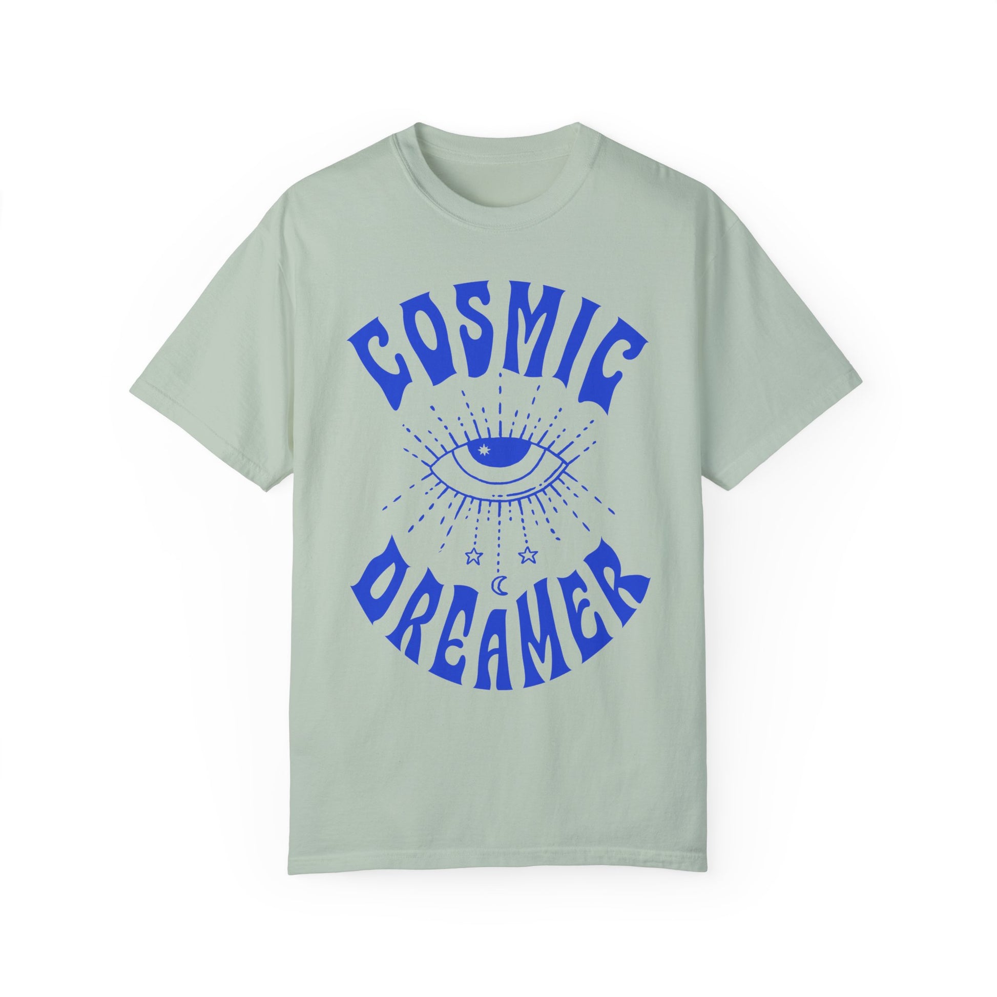 Mystical graphic tee featuring a spiritual eye, cosmic dreamer typography, and celestial design. Perfect for vintage-inspired outfits, boho rebel style, and night sky aesthetics.