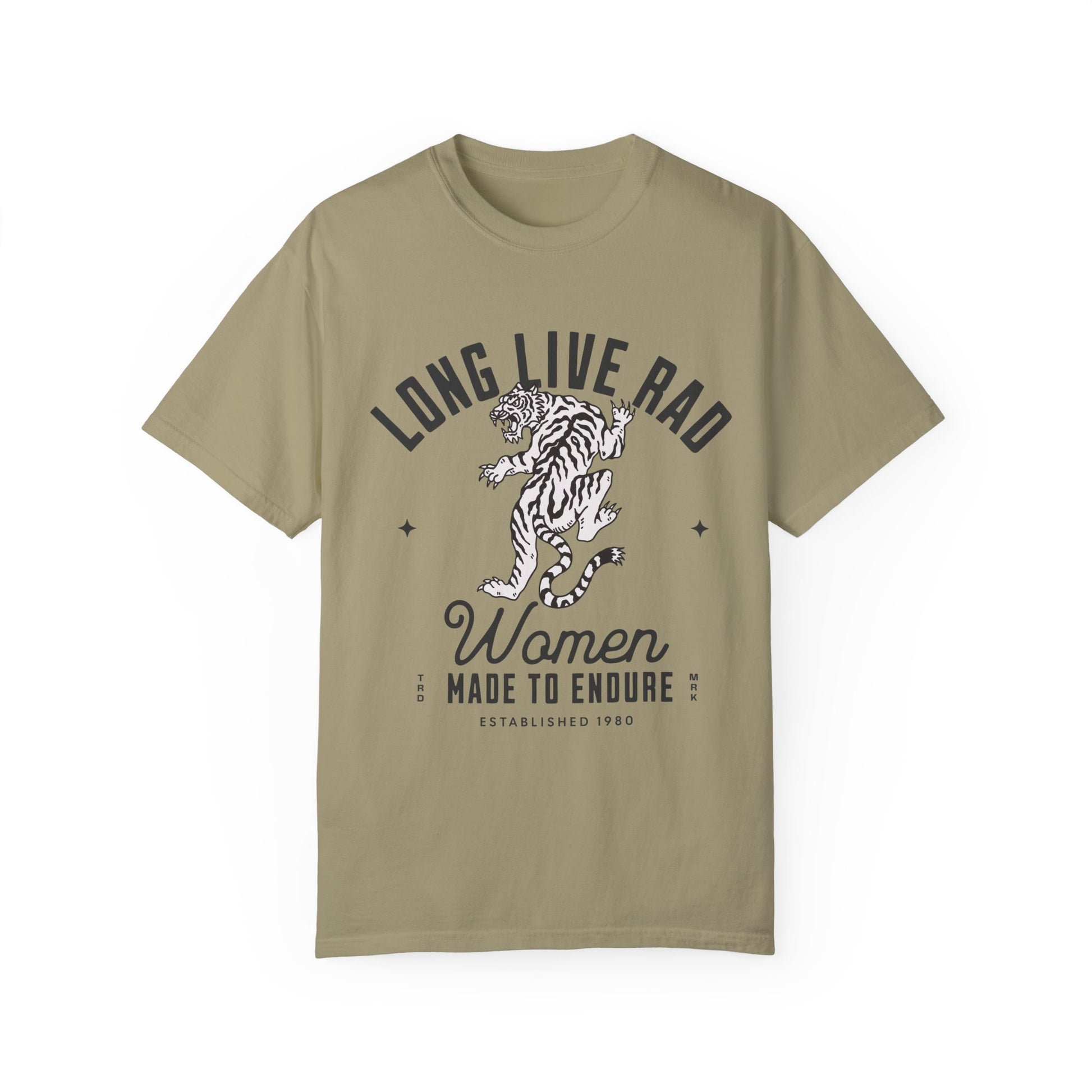 Rad Women Tee with vintage tiger graphic. 90s band graphic tee style with distressed rock tee aesthetic. Edgy women’s tee for a bold look. Western rock tee meets grunge style tee. Badass women tee with rebel graphic tee energy, perfect for everyday wear.