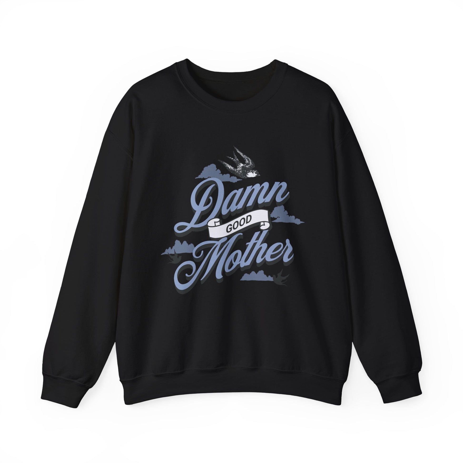 Crewneck sweatshirt with “Damn Good Mother” graphic in tattoo style. Cool mom sweatshirt with vintage and retro mama sweater vibe. Bold mom pullover for edgy, confident women. Funny mom jumper and trendy mom sweater perfect for gifting or everyday wear. Stylish mama crew with rad mom graphic top. Great for Mother's Day crewneck gift or casual looks. Cute mom sweatshirt with bold statement and timeless design.