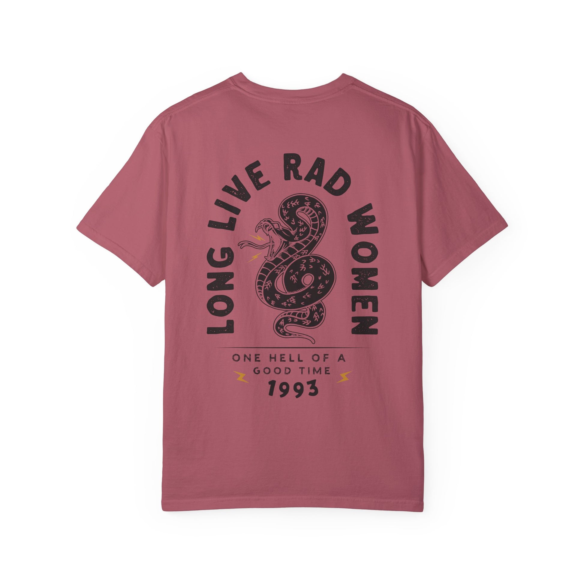 Long Live Rad Women retro snake tee, vintage cotton shirt with relaxed fit, feminist graphic tee, statement graphic tee, snake design tee, lightweight casual cotton tee, bold feminist shirt, 90s style t-shirt, graphic women tee for everyday wear.