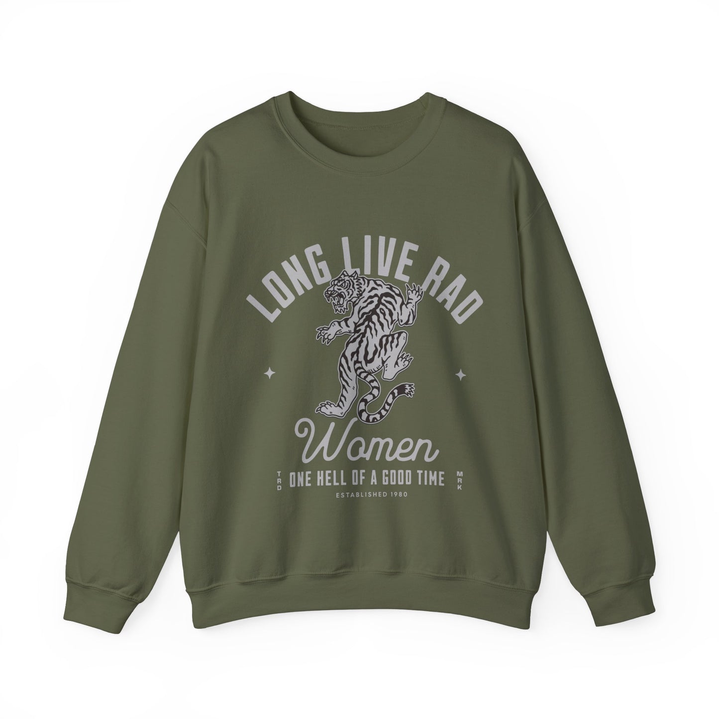 Rad Women Sweatshirt with tiger graphic. 90s aesthetic crew with vintage style. Edgy women’s crew with Western rock vibes. Distressed rock crew for a bold look. Badass women crew with rebel energy. Retro tiger crew, perfect for everyday wear and layering.