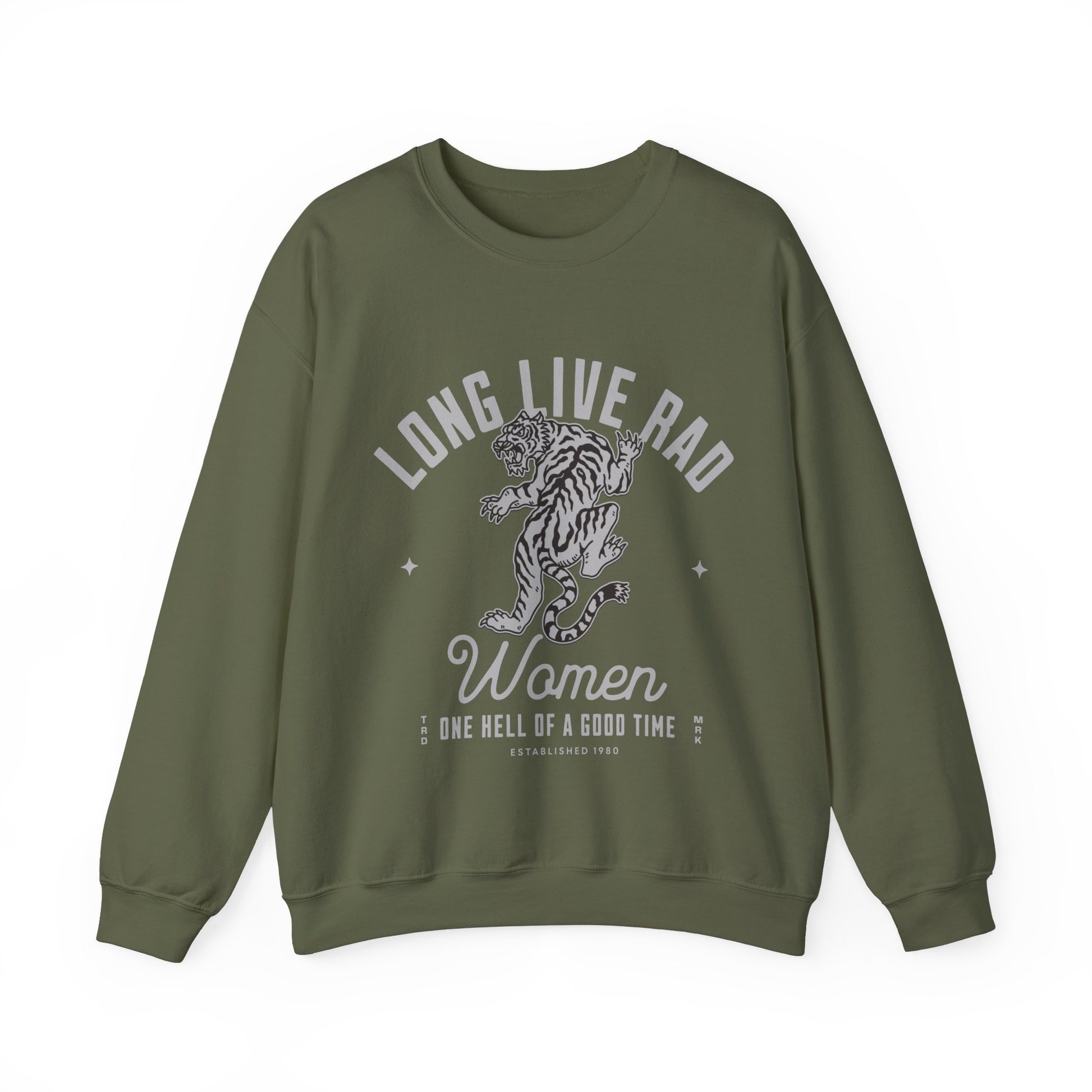 Rad Women Sweatshirt with tiger graphic. 90s aesthetic crew with vintage style. Edgy women’s crew with Western rock vibes. Distressed rock crew for a bold look. Badass women crew with rebel energy. Retro tiger crew, perfect for everyday wear and layering.
