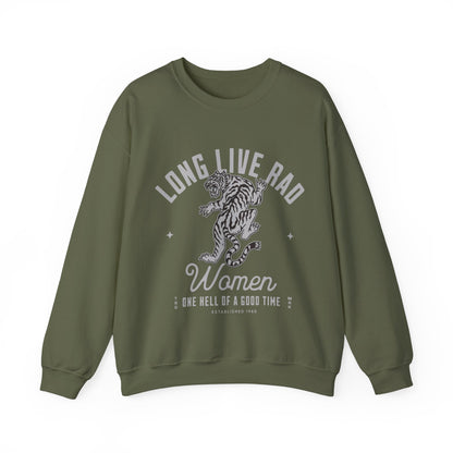 Rad Women Sweatshirt with tiger graphic. 90s aesthetic crew with vintage style. Edgy women’s crew with Western rock vibes. Distressed rock crew for a bold look. Badass women crew with rebel energy. Retro tiger crew, perfect for everyday wear and layering.