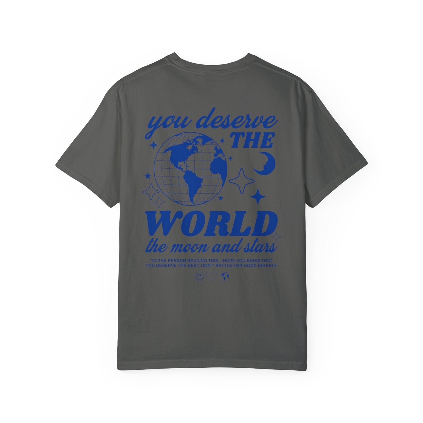 Motivational graphic t-shirt with a celestial design featuring stars, moon, and globe. Includes the inspiring phrase 'you deserve the world.' A trendy and stylish vintage-inspired tee for casual wear, perfect for spreading positivity and empowerment.