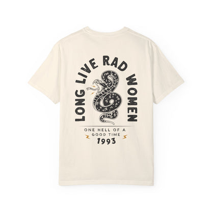 Long Live Rad Women retro snake tee, vintage cotton shirt with relaxed fit, feminist graphic tee, statement graphic tee, snake design tee, lightweight casual cotton tee, bold feminist shirt, 90s style t-shirt, graphic women tee for everyday wear.
