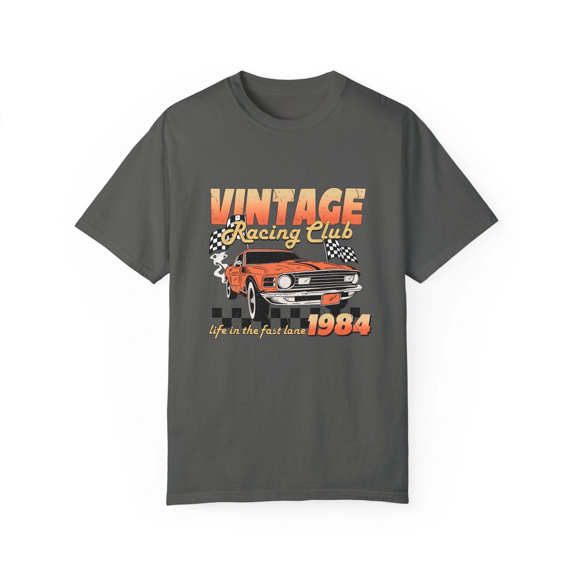 Retro racing T-shirt featuring a bold 1984 vintage design with distressed car graphics. Perfect nostalgic car shirt for muscle car lovers, featuring checkered flag details. Ideal for fans of old school racing and fast lane graphic tees.
