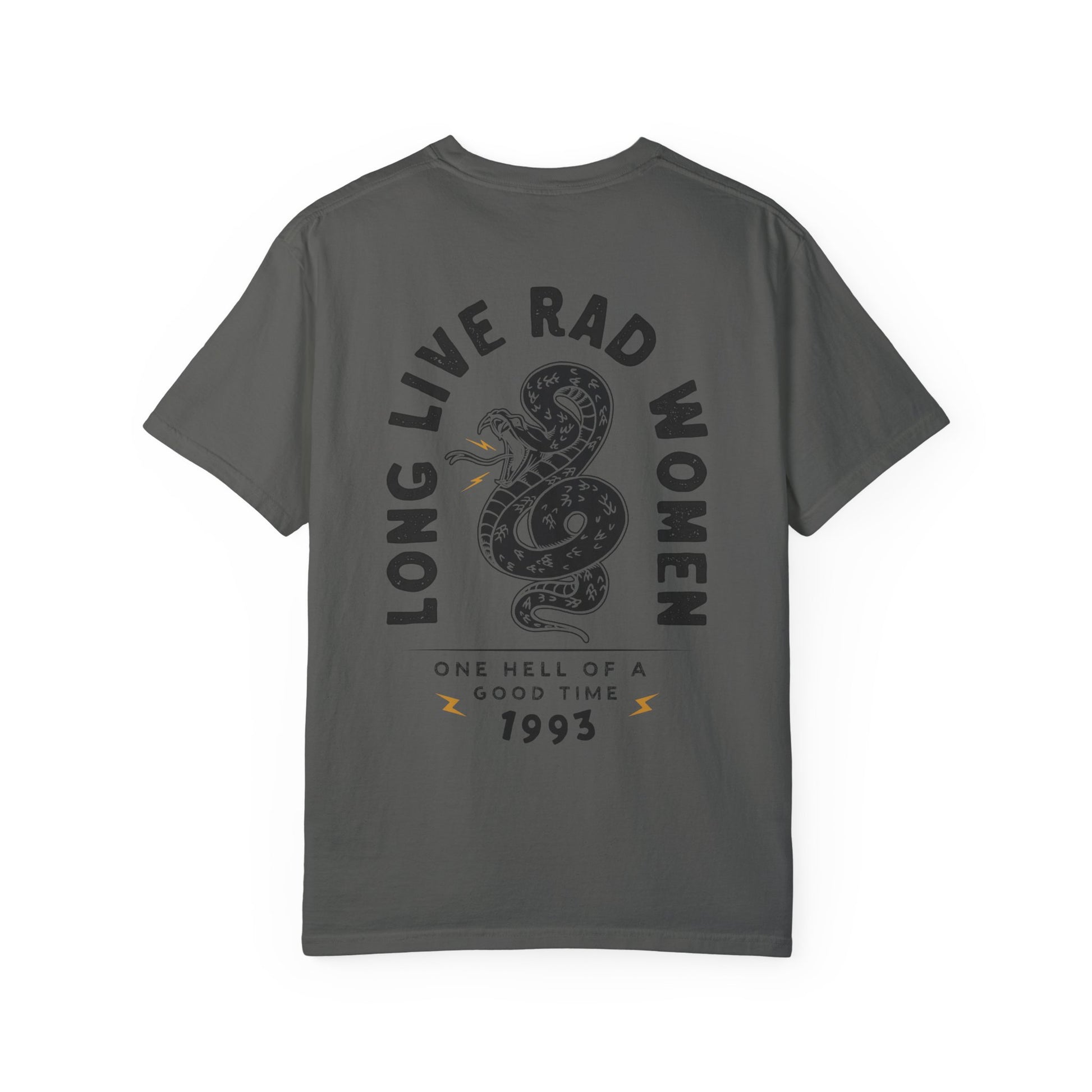 Long Live Rad Women retro snake tee, vintage cotton shirt with relaxed fit, feminist graphic tee, statement graphic tee, snake design tee, lightweight casual cotton tee, bold feminist shirt, 90s style t-shirt, graphic women tee for everyday wear.