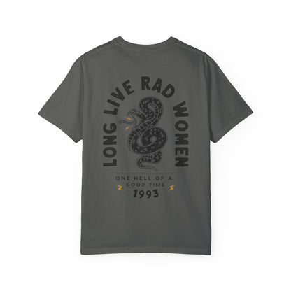 Long Live Rad Women retro snake tee, vintage cotton shirt with relaxed fit, feminist graphic tee, statement graphic tee, snake design tee, lightweight casual cotton tee, bold feminist shirt, 90s style t-shirt, graphic women tee for everyday wear.