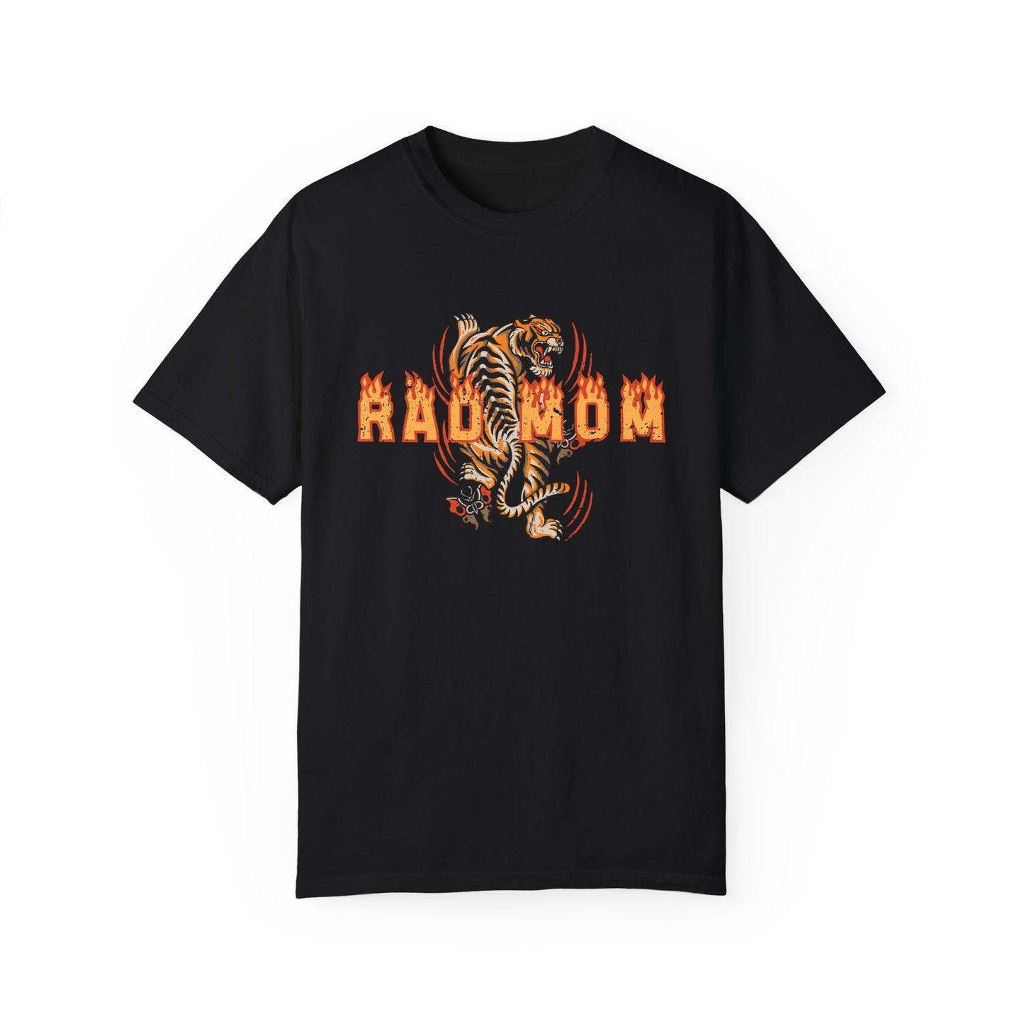 Rad mom graphic tee featuring bold vintage tiger design with flame details. Cool mom streetwear shirt with retro tattoo style graphic perfect for everyday edgy mom style and bold vintage inspired streetwear.
